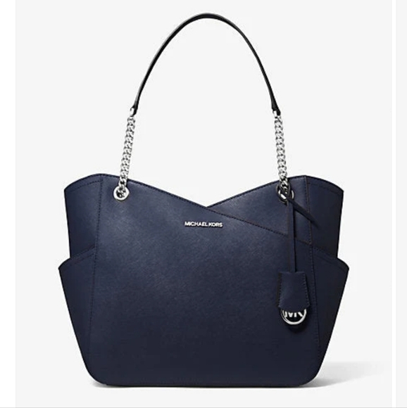 Michael kors jet set large staffing leather tote bag navy blue/silver 11×17×5 - Picture 1 of 15